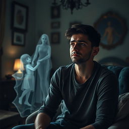 A young husband sits in a dimly lit room, his expression a blend of struggle and contemplation, symbolizing depression and anxiety