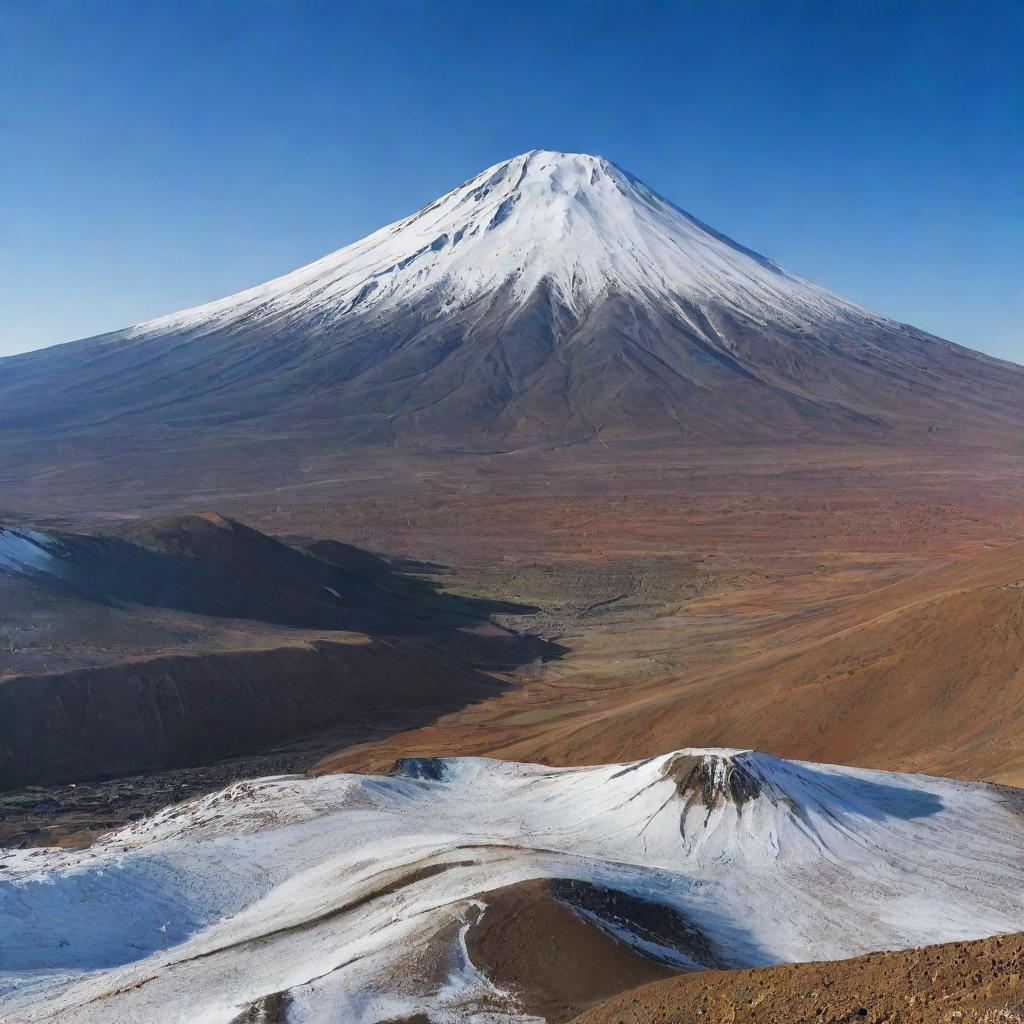 A dramatic scene of Mount Damavand, Iran's highest peak, featuring its snow-capped summit and surrounding landscape in detailed, vibrant colors.