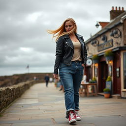 A curvy and chubby blonde 40-year-old lady with her hair flowing in the breeze, dressed in a deep stone basic slinky long sleeve crop top, stone basic faux leather biker jacket, and mid blue wash long straight leg raw hem jeans