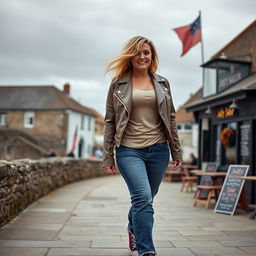 A curvy and chubby blonde 40-year-old lady with her hair flowing in the breeze, dressed in a deep stone basic slinky long sleeve crop top, stone basic faux leather biker jacket, and mid blue wash long straight leg raw hem jeans