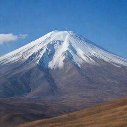 A dramatic scene of Mount Damavand, Iran's highest peak, featuring its snow-capped summit and surrounding landscape in detailed, vibrant colors.