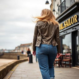 A curvy and chubby blonde 40-year-old lady with her hair flowing in the breeze, dressed in a deep stone basic slinky long sleeve crop top, stone basic faux leather biker jacket, and mid blue wash long straight leg raw hem jeans