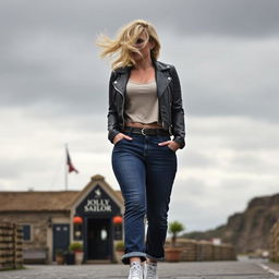 A curvy and chubby blonde 40-year-old lady with her hair flowing in the breeze, dressed in a deep stone basic slinky long sleeve crop top, stone basic faux leather biker jacket, and mid blue wash long straight leg raw hem jeans