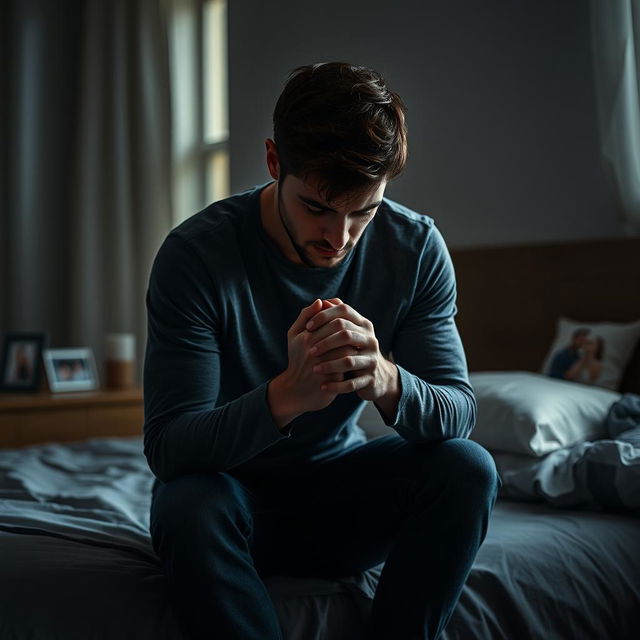 A young man in his late 20s, sitting on the edge of a bed in a dimly lit room, with his hands clasped tightly as he stares at the floor