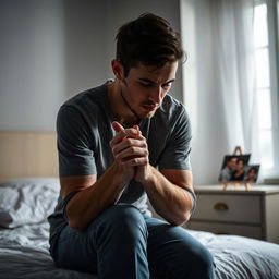 A young man in his late 20s, sitting on the edge of a bed in a dimly lit room, with his hands clasped tightly as he stares at the floor