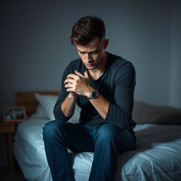 A young man in his late 20s, sitting on the edge of a bed in a dimly lit room, with his hands clasped tightly as he stares at the floor