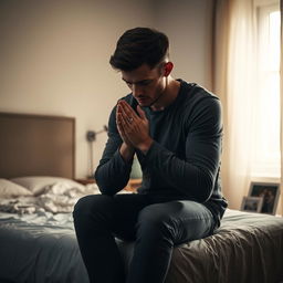 A young man in his late 20s, sitting on the edge of a bed in a dimly lit room, with his hands clasped tightly as he stares at the floor