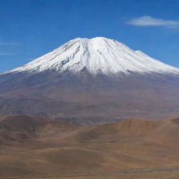 A dramatic scene of Mount Damavand, Iran's highest peak, featuring its snow-capped summit and surrounding landscape in detailed, vibrant colors.