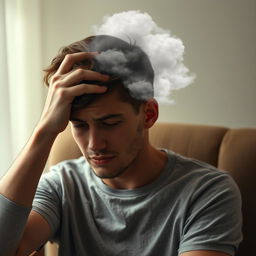 A young man sitting on a chair, his face showing signs of struggle with depression and anxiety