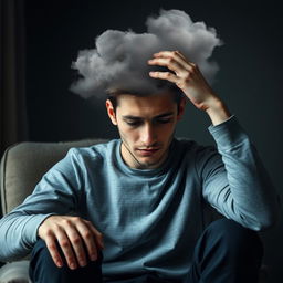 A young man sitting on a chair, his face showing signs of struggle with depression and anxiety