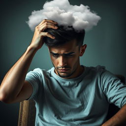 A young man sitting on a chair, his face showing signs of struggle with depression and anxiety