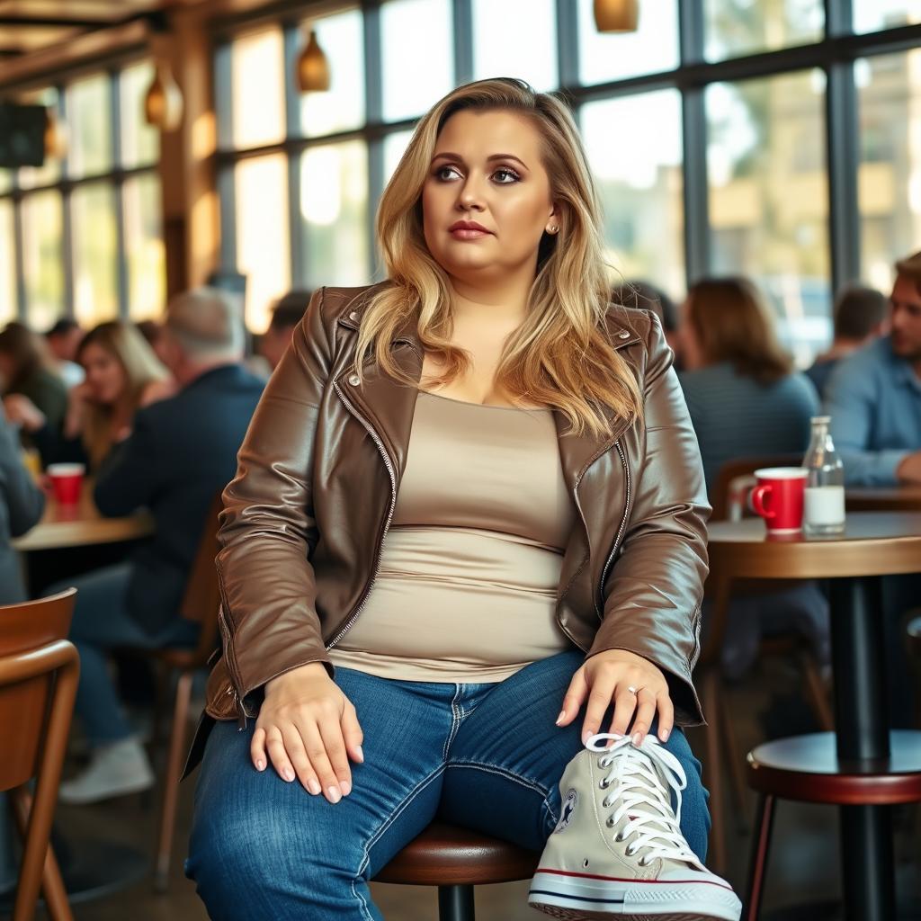 A curvy and chubby 40-year-old blonde lady with long hair, dressed in a deep stone basic slinky long sleeve crop top and a stone basic faux leather biker jacket