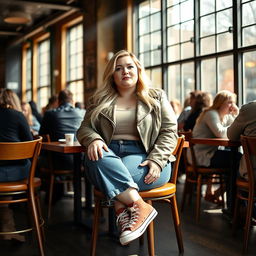 A curvy and chubby 40-year-old blonde lady with long hair, dressed in a deep stone basic slinky long sleeve crop top and a stone basic faux leather biker jacket