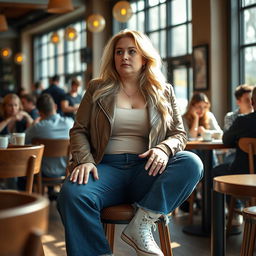 A curvy and chubby 40-year-old blonde lady with long hair, dressed in a deep stone basic slinky long sleeve crop top and a stone basic faux leather biker jacket