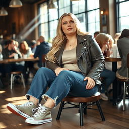 A curvy and chubby 40-year-old blonde lady with long hair, dressed in a deep stone basic slinky long sleeve crop top and a stone basic faux leather biker jacket