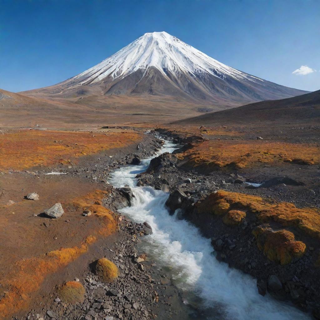 A dramatic scene of Mount Damavand, Iran's highest peak, featuring its snow-capped summit and surrounding landscape in detailed, vibrant colors.