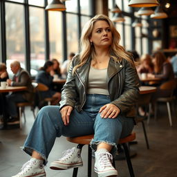 A curvy 40-year-old blonde lady with long hair, dressed in a deep stone basic slinky long sleeve crop top and a stone basic faux leather biker jacket