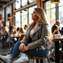 A curvy 40-year-old blonde lady with long hair, dressed in a deep stone basic slinky long sleeve crop top and a stone basic faux leather biker jacket