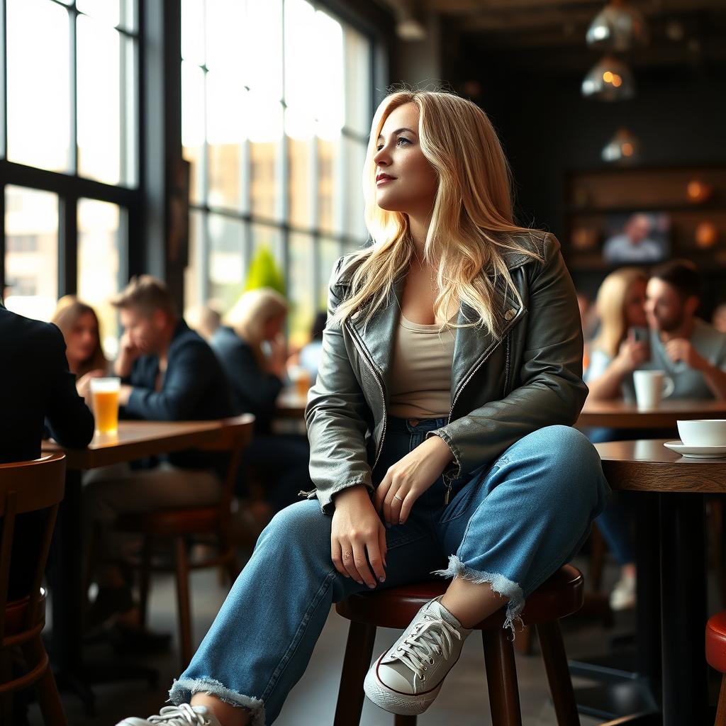 A curvy 40-year-old blonde lady with long hair, dressed in a deep stone basic slinky long sleeve crop top and a stone basic faux leather biker jacket