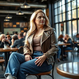 A curvy 40-year-old blonde lady with long hair, dressed in a deep stone basic slinky long sleeve crop top and a stone basic faux leather biker jacket