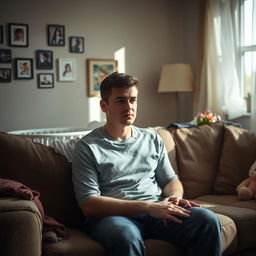 A young husband sitting on a couch in a dimly lit living room, his face showing deep sadness and worry