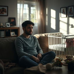 A young husband sitting on a couch in a dimly lit living room, his face showing deep sadness and worry