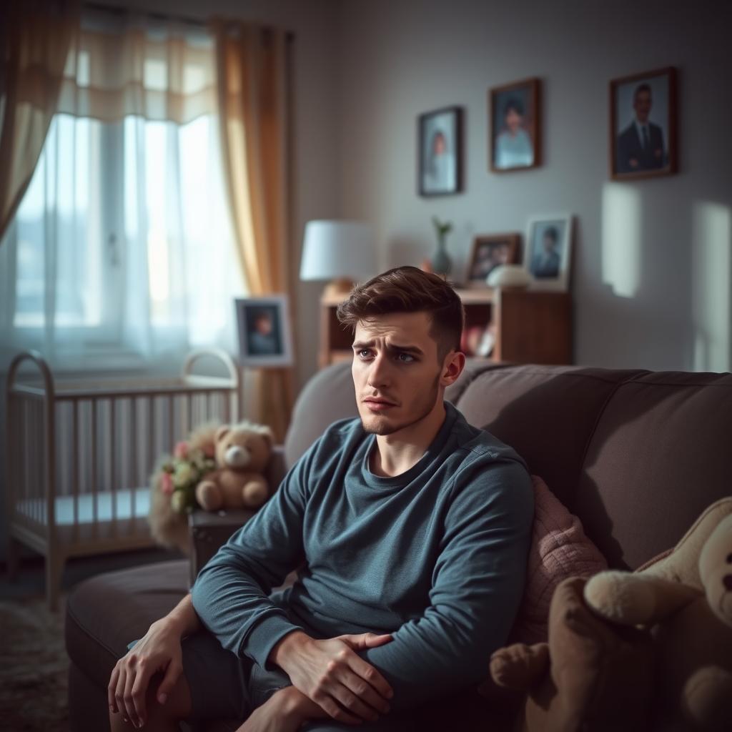 A young husband sitting on a couch in a dimly lit living room, his face showing deep sadness and worry