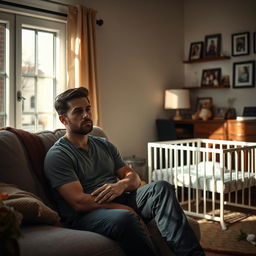 A young husband sitting on a couch in a dimly lit living room, his face showing deep sadness and worry