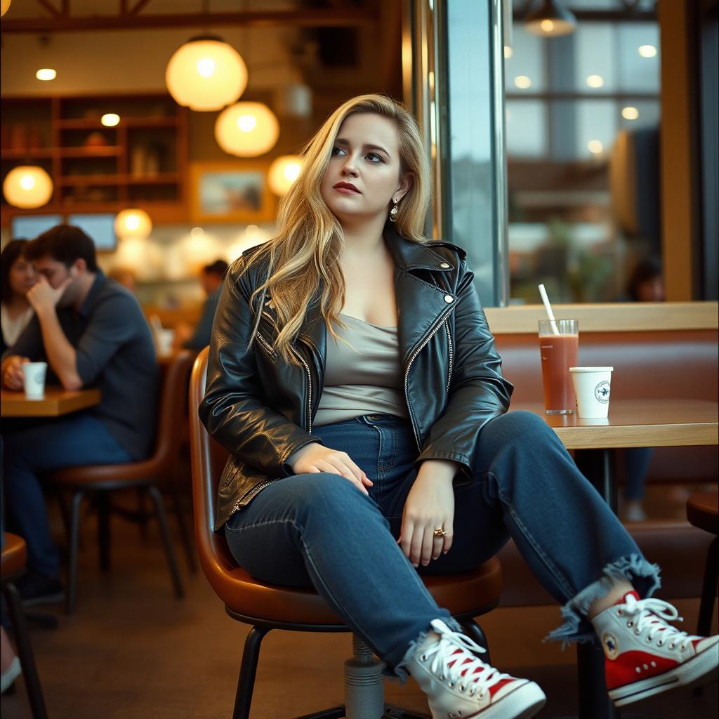 A curvy 40-year-old blonde lady with long hair, dressed in a deep stone basic slinky long sleeve crop top and a stone basic faux leather biker jacket