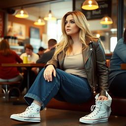 A curvy 40-year-old blonde lady with long hair, dressed in a deep stone basic slinky long sleeve crop top and a stone basic faux leather biker jacket