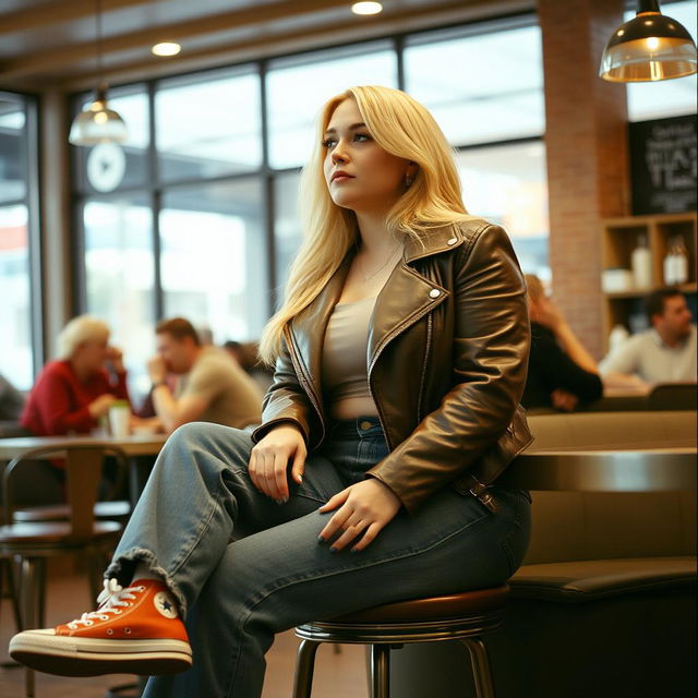 A curvy 40-year-old blonde lady with long hair, dressed in a deep stone basic slinky long sleeve crop top and a stone basic faux leather biker jacket