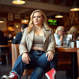 A curvy 40-year-old blonde lady with long hair, dressed in a deep stone basic slinky long sleeve crop top and a stone basic faux leather biker jacket