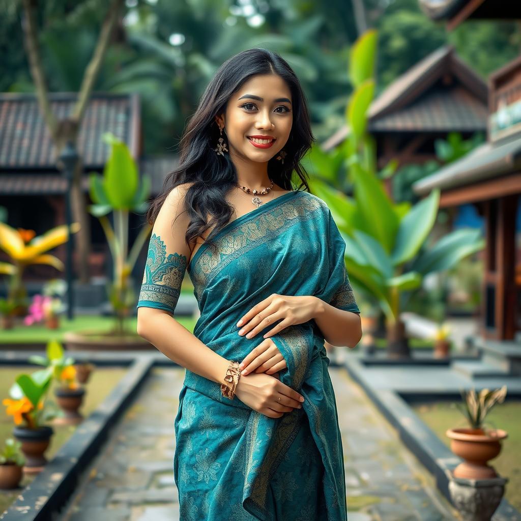 A beautiful Javanese woman standing gracefully, showcasing her traditional cultural attire with intricate batik patterns and elegant jewelry, captured in a natural yet artistic pose