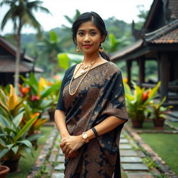 A beautiful Javanese woman standing gracefully, showcasing her traditional cultural attire with intricate batik patterns and elegant jewelry, captured in a natural yet artistic pose