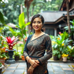 A beautiful Javanese woman standing gracefully, showcasing her traditional cultural attire with intricate batik patterns and elegant jewelry, captured in a natural yet artistic pose