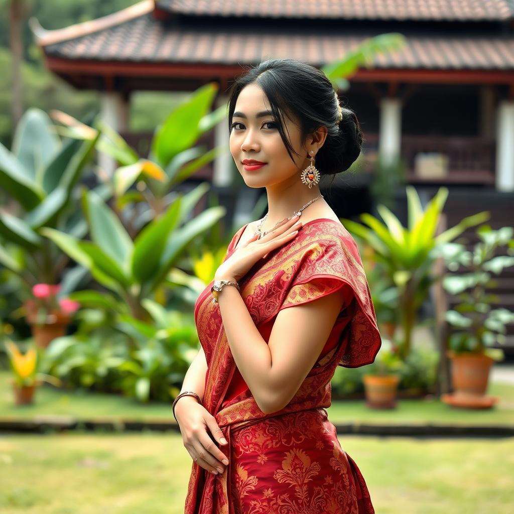 A beautiful Javanese woman standing gracefully, showcasing her traditional cultural attire with intricate batik patterns and elegant jewelry, captured in a natural yet artistic pose