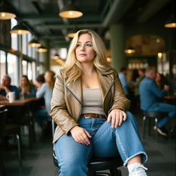 A realistic Fuji film style photo of a curvy 40-year-old blonde lady with long hair, dressed in a deep stone basic slinky long sleeve crop top and a stone basic faux leather biker jacket