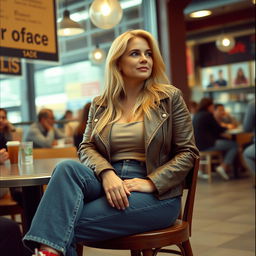 A realistic Fuji film style photo of a curvy 40-year-old blonde lady with long hair, dressed in a deep stone basic slinky long sleeve crop top and a stone basic faux leather biker jacket