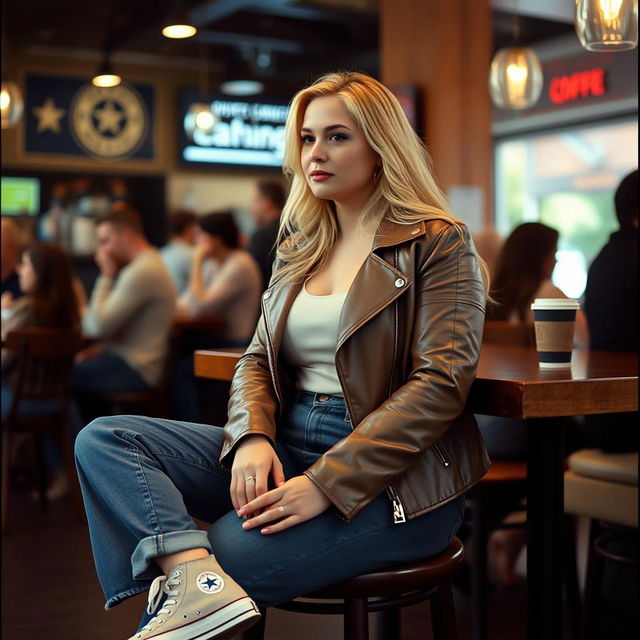 A realistic Fuji film style photo of a curvy 40-year-old blonde lady with long hair, dressed in a deep stone basic slinky long sleeve crop top and a stone basic faux leather biker jacket