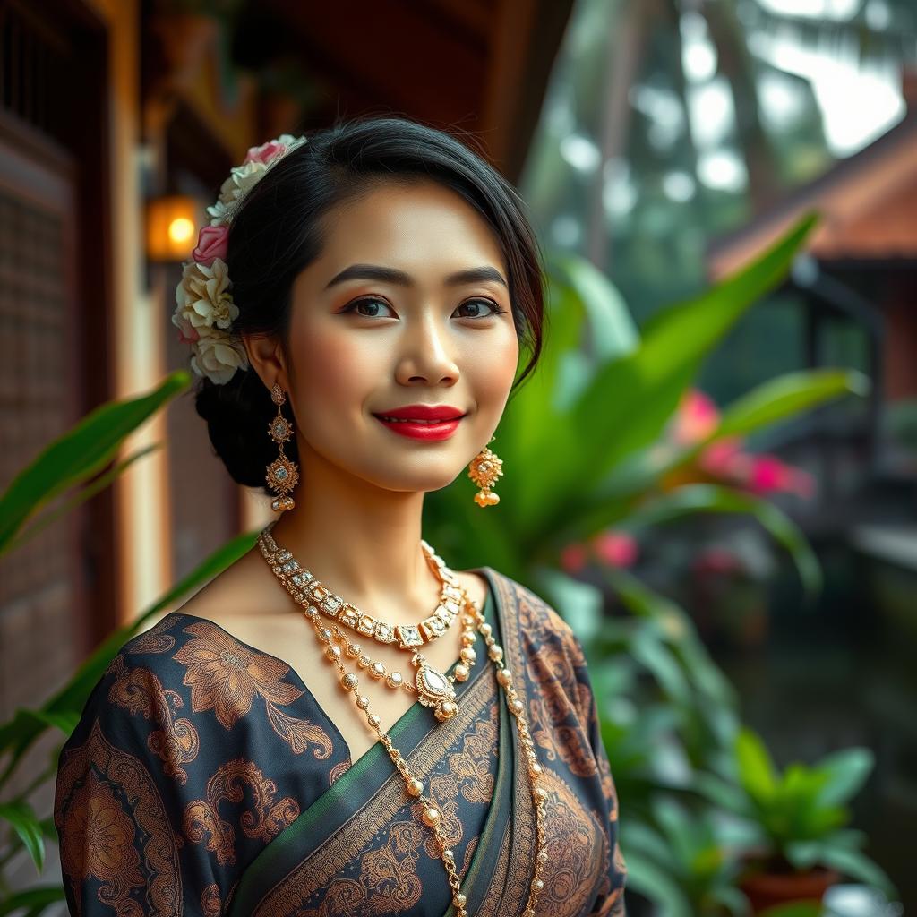 A beautiful Javanese woman dressed in exquisite traditional attire, highlighting her graceful expression and cultural elegance