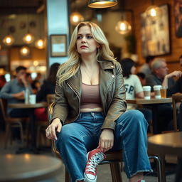 A realistic Fuji film style photo of a curvy 40-year-old blonde lady with long hair, dressed in a deep stone basic slinky long sleeve crop top and a stone basic faux leather biker jacket