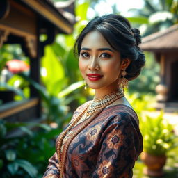 A beautiful Javanese woman dressed in exquisite traditional attire, highlighting her graceful expression and cultural elegance