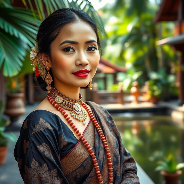 A beautiful Javanese woman dressed in exquisite traditional attire, highlighting her graceful expression and cultural elegance