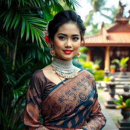 A beautiful Javanese woman dressed in exquisite traditional attire, highlighting her graceful expression and cultural elegance