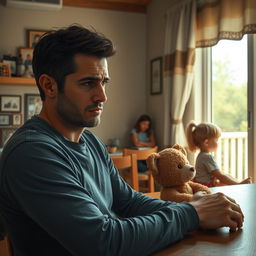 A young husband, deeply concerned, sitting at a kitchen table, surrounded by a warm, cozy atmosphere