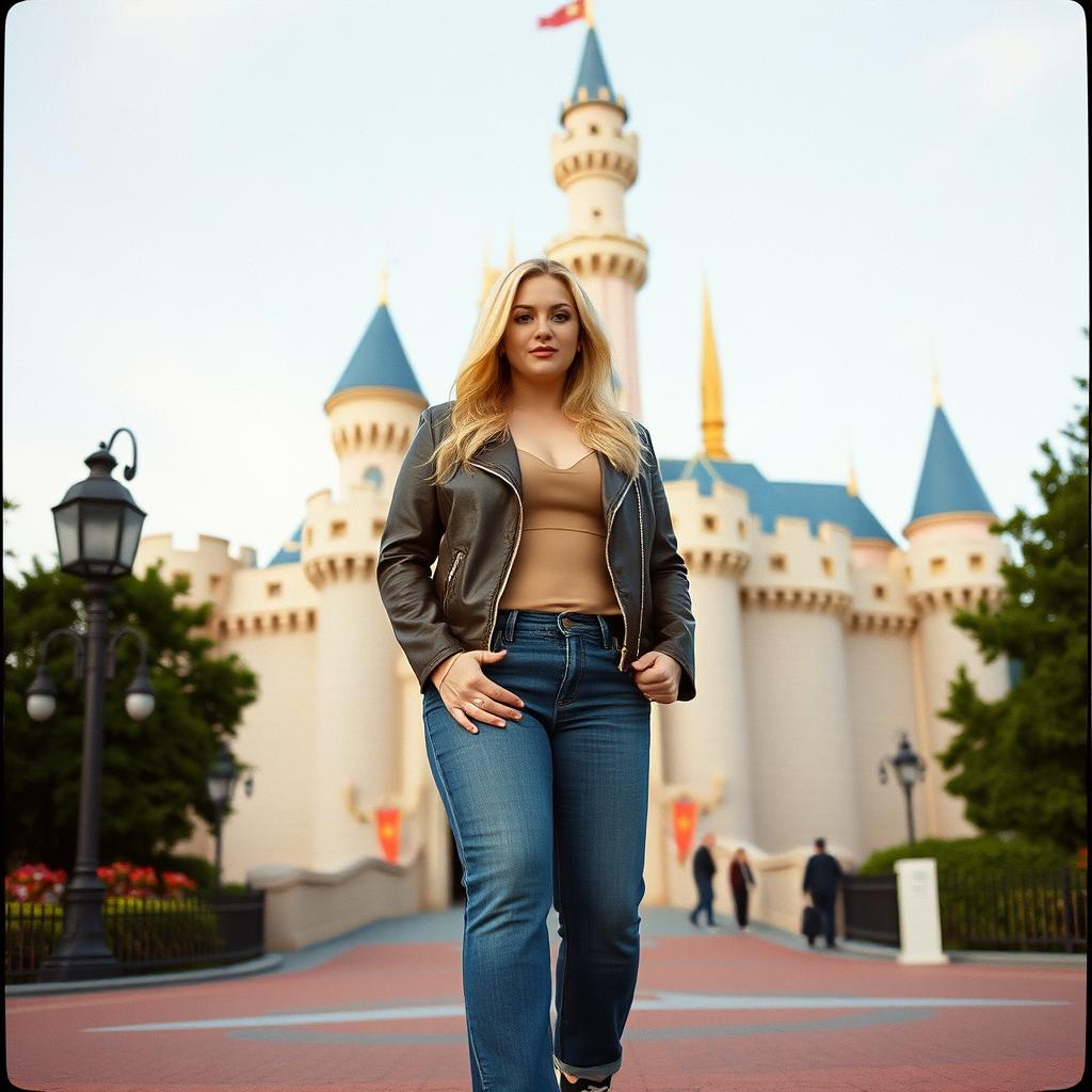 A realistic Fuji film style photo of a curvy 40-year-old blonde lady with long hair, dressed in a deep stone basic slinky long sleeve crop top and a stone basic faux leather biker jacket