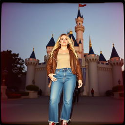 A realistic Fuji film style photo of a curvy 40-year-old blonde lady with long hair, dressed in a deep stone basic slinky long sleeve crop top and a stone basic faux leather biker jacket