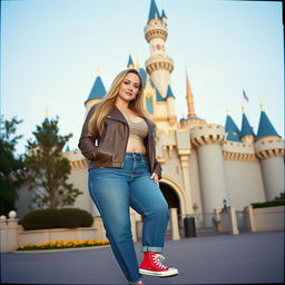 A realistic Fuji film style photo of a curvy 40-year-old blonde lady with long hair, dressed in a deep stone basic slinky long sleeve crop top and a stone basic faux leather biker jacket