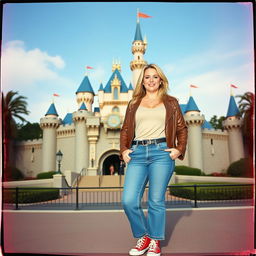 A realistic Fuji film style photo of a curvy 40-year-old blonde lady with long hair, dressed in a deep stone basic slinky long sleeve crop top and a stone basic faux leather biker jacket