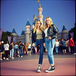 A realistic Fuji film style photo of a curvy 40-year-old blonde lady with long hair, dressed in a deep stone basic slinky long sleeve crop top and a stone basic faux leather biker jacket